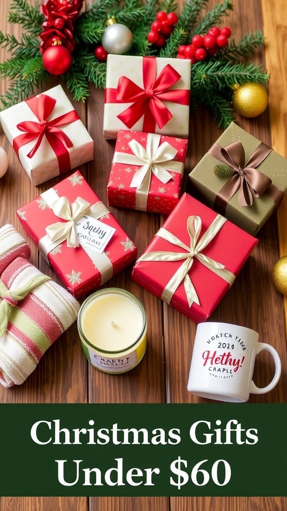 A collection of Christmas gifts under $60, including wrapped presents, a cozy blanket, and holiday decorations.